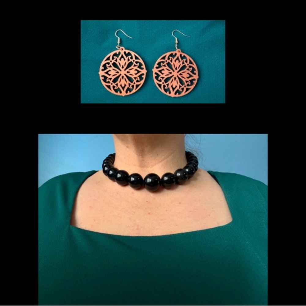 JEWELRY SET | Elegant Black Bead Necklace & Carved Wooden Hook Earrings